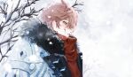  1boy bangs blood blood_on_face blue_eyes blush branch brown_hair coat commentary_request day fur-trimmed_coat fur_trim genshin_impact hair_between_eyes highres knkt_or13 male_focus mask mask_on_head outdoors parted_lips profile red_mask red_scarf scarf snow snowing solo tartaglia_(genshin_impact) upper_body white_coat 