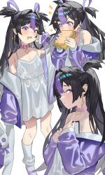  +_+ 1girl absurdres bidugi black_hair collar commentary cropped_torso dress earrings food full_body goddess_of_victory:_nikke hair_intakes hair_rings highres holding holding_food holding_sandwich holding_stuffed_toy jacket jewelry long_hair long_sleeves looking_at_object looking_at_viewer looking_down looking_to_the_side mole mole_under_eye multicolored_hair off-shoulder_jacket off_shoulder open_mouth pink_collar purple_jacket purple_ribbon purple_shoes purple_streaks ribbon sandwich shoes sleeveless sleeveless_dress socks solo star_(symbol) streaked_hair stuffed_animal stuffed_rabbit stuffed_toy syuen_(nikke) syuen_(young)_(nikke) triangle_earrings two_side_up upper_body violet_eyes white_background white_dress white_socks 