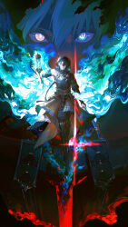  1boy absurdres black_boots black_gloves black_hair black_hood black_pants black_shirt blue_fire boots chinese_commentary commentary_request elbow_gloves fire gloves green_eyes hair_between_eyes heterochromia highres jingran_(wuthering_waves) lantern long_hair looking_at_viewer male_focus pants projected_inset ryuutsuki_basetsu shirt split_theme tacet_mark_(wuthering_waves) wuthering_waves yellow_eyes 