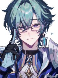  1boy aqua_hair armor black_choker black_gloves black_jacket blue_eyes blue_gloves choker closed_mouth collared_shirt commentary crossed_bangs earrings empty_eyes eyelashes genshin_impact glasses gloves hair_between_eyes hand_up heart highres jacket jewelry lapels lohen_(genshin_impact) long_sleeves looking_at_viewer male_focus na2u_1 open_clothes open_jacket pink-framed_eyewear pink_pupils semi-rimless_eyewear shirt short_hair shoulder_armor simple_background single_earring smile solo teardrop-framed_glasses two-sided_fabric two-sided_gloves two-sided_jacket untranslatable_commentary upper_body white_background white_jacket white_shirt 