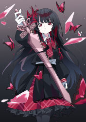  1girl absurdres armband black_capelet black_hair black_pantyhose black_shirt black_skirt broken_glass bug butterfly capelet ceremonial_sword_(manosaba) closed_mouth collared_shirt commentary_request cowboy_shot crown flower glass glass_shards gloves gradient_background grey_background hair_flower hair_ornament highres holding holding_sword holding_weapon kayoko0914 layered_skirt long_hair long_skirt long_sleeves looking_at_viewer mahou_shoujo_no_majo_saiban mini_crown necktie nikaido_hiro overskirt pantyhose plaid_clothes plaid_necktie plaid_skirt pleated_skirt red_armband red_butterfly red_eyes red_flower red_necktie red_skirt shirt side_capelet skirt solo sword weapon white_gloves white_shirt 
