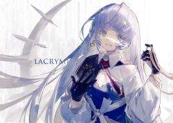  2girls arcaea artist_name black_gloves blue_dress blue_eyes character_name closed_mouth collared_dress commentary diamond-shaped_earrings dress earrings gloves grey_hair holding_another's_hair insight_(arcaea) jewelry klooxm33 long_hair long_sleeves looking_at_viewer maya_(arcaea) multiple_girls necktie out_of_frame red_necktie signature single_shoulder_pad smile solo_focus twitter_username upper_body white_background white_sleeves 