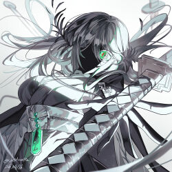  1girl absurdres artist_name black_coat black_skin breasts coat coat_on_shoulders colored_eyelashes colored_skin commentary dated floating_hair green_eyes green_kimono grey_hair highres japanese_clothes katana kimono kuroyurihime_(munji412) large_breasts long_hair multicolored_eyes munji412 no_mouth no_nose one-eyed original reaching red_eyes sheath sheathed simple_background solo sword two-tone_eyes upper_body weapon white_background white_eyelashes wide-eyed 
