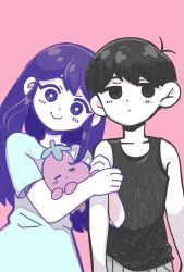  1boy 1girl antenna_hair aubrey_(headspace)_(omori) aubrey_(omori) black_eyes black_hair black_tank_top blue_shirt blush bright_pupils closed_mouth collarbone commentary_request double-parted_bangs highres looking_at_viewer mr._plantegg_(omori) omori omori_(omori) pink_background purple_hair shirotsume_143 shirt short_hair short_sleeves simple_background smile stuffed_eggplant t-shirt tank_top violet_eyes white_pupils 