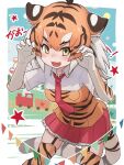  1girl animal_costume animal_ear_fluff animal_ears animal_print da_(bobafett) elbow_gloves gloves kemono_friends kneehighs long_hair looking_at_viewer multicolored_hair necktie open_mouth orange_hair shirt skirt smile socks solo sumatran_tiger_(kemono_friends) tail tiger_costume tiger_ears tiger_girl tiger_print tiger_tail yellow_eyes 