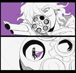  2boys boots coat collared_coat collared_shirt colored_shadow commentary_request covered_mouth danganronpa_(series) danganronpa_2:_goodbye_despair faceless faceless_male fingernails forehead greyscale_with_colored_background gun hair_between_eyes holding holding_gun holding_weapon hood hood_down hooded_jacket jacket komaeda_nagito korean_commentary long_hair_between_eyes long_sleeves male_focus messy_hair multicolored_hair multiple_boys necktie open_clothes open_coat open_cylinder_(revolver) pants purple_background purple_theme revolver saman_zero7 scarf shadow shirt short_hair sideburns size_difference spot_color streaked_hair tanaka_gundham tile_floor tiles weapon 