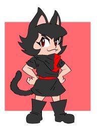  1girl alunya anarcho-communism animal_ears bandana black_bandana black_boots black_dress black_hair black_tail boots cat_ears cat_girl cat_tail chromasophore-art commentary deformed dress fang full_body hands_on_own_hips highres leftypol looking_at_viewer red_bandana red_eyes red_sash sash short_dress short_hair smile smug solo tail v-shaped_eyebrows 