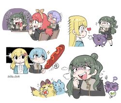  +++ 5girls ? @_@ akiha_school_uniform animalization bang_dream! bang_dream!_yumemita bell_(bang_dream!) blonde_hair blue_hair blush broken_heart commentary dark-skinned_female dark_skin dog food fuji_miyako green_eyes green_hair grey_eyes guagua977 hair_bun heart heavy_breathing highres hot_dog laughing long_hair minetsuki_ritsu minetsuki_ritsu_(real) mole mole_under_mouth multiple_girls nakamachi_arale nakamachi_arale_(real) parfait person_and_animalization pink_eyes popo_(bang_dream!) purple_hair red_hair school_uniform short_hair simple_background single_side_bun squiggle viola_(bang_dream!) white_background 
