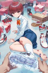  1boy 1girl adidas bandaid bandaid_on_foot blue_skirt bob_cut bow bowtie collared_shirt commentary_request frown full_body halftone hands_on_floor highres holding_single_shoe kabu_(niniko2ko) leg_up long_sleeves looking_at_viewer nike_(company) on_floor orange_bow orange_bowtie orange_eyes original pleated_skirt pov red_hair school_uniform see-through_clothes see-through_footwear shirt shoe_box shoes short_hair single_sock skirt socks tile_floor tiles unworn_shoes unworn_socks white_shirt white_socks 