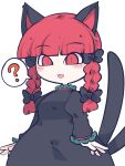  1girl :3 :p ? animal_ears bangs black_bow blunt_bangs bow braid cat_ears cat_tail dress fried_rice0614 hair_bow highres kaenbyou_rin long_sleeves multiple_tails redhead solo spoken_question_mark tail tongue tongue_out touhou two_tails 