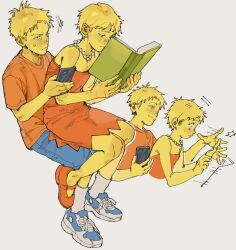  bare_arms bare_shoulders bart_simpson blonde_hair blue_shoes blue_shorts book brother_and_sister can't_choose_your_own_family colored_skin constricted_pupils doxn123 dress dropped_object dropping highres holding holding_book holding_phone jewelry lisa_simpson necklace pearl_necklace phone prank reading red_dress red_sandals red_shirt sandals shirt shoes short_sleeves shorts siblings sitting sitting_on_lap sitting_on_person slapping smirk smug sneakers socks strapless strapless_dress sweatdrop t-shirt the_simpsons unamused uncomfortable white_socks yellow_skin 