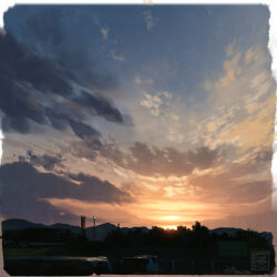  blue_sky border car clouds cloudy_sky commentary_request completion_time evening fading_border gradient_sky lamppost landscape motor_vehicle no_humans orange_sky original railing scenery signature sky sky_focus sun sunset utility_pole white_border yk_funa 