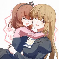  2girls :d ascot black_dress black_skirt blunt_bangs brown_hair carrying carrying_person closed_eyes commentary corset crown dress hands_on_another's_neck highres hug jiebolian long_hair medium_hair mini_crown mother_and_child mother_and_daughter multiple_girls one_eye_closed parent_and_child pink_shirt red_ribbon ribbon shirt skirt smile umineko_no_naku_koro_ni ushiromiya_maria ushiromiya_rosa white_ascot white_background 