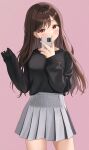  1girl absurdres arm_up bangs black_shirt blush brown_hair closed_mouth grey_skirt hands_up highres holding holding_phone long_hair long_sleeves looking_at_viewer original phone pink_background pleated_skirt red_eyes shirt simple_background skirt smile solo standing ttusee5 