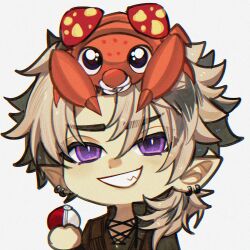  1boy absurdres brown_hair crimzon_ruze crimzon_ruze_(2nd_costume) ear_piercing grin highres holding holding_poke_ball holostars holostars_english kyaree low_ponytail male_focus medium_hair multicolored_hair official_alternate_costume official_alternate_hairstyle on_head paras piercing pointy_ears poke_ball pokemon pokemon_(creature) pokemon_on_head ponytail portrait smile teeth two-tone_hair violet_eyes virtual_youtuber 