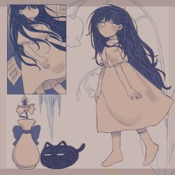  1girl aubergieine black_cat black_hair cat commentary dress flower highres lily_of_the_valley long_hair mari_(omori) mari_(spirit)_(omori) omori sheet_music socks something_(omori) white_dress white_eyes white_socks 