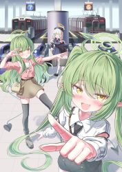  3girls absurdres alternate_costume aoba_(blue_archive) black_dress blue_archive brown_hair color_pro commentary_request cover dress green_hair green_halo halo highres hikari_(blue_archive) long_hair long_sleeves looking_at_another looking_at_viewer loose_socks multiple_girls no_shoes nozomi_(blue_archive) pink_shirt pointing pointing_at_viewer reaching reaching_towards_another shirt smile socks standing subway textless_version twintails white_shirt yellow_eyes yellow_halo 