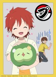  >_< 2boys :d border brown_hair brown_shoes character_request closed_eyes commentary_request crying grey_background highres holding holding_pokemon kneeling light_blush male_focus multiple_boys official_art open_mouth pants pokemon pokemon_(anime) pokemon_(creature) pokemon_horizons red_hair shirt shoes short_hair short_sleeves smile solosis streaming_tears tears undershirt yellow_border 