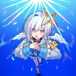  +_+ 1girl :d absurdres amane_kanata amane_kanata_(1st_costume) armband black_boots black_skirt blue_background blue_hair boots commentary_request feathered_wings frilled_skirt frilled_sleeves frills grey_hair grey_jacket hair_between_eyes highres hololive jacket long_sleeves multicolored_hair osisio own_hands_together plaid_clothes plaid_socks single_hair_intake single_sock skirt smile socks solo two-tone_hair violet_eyes virtual_youtuber white_wings wings 