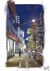  1boy awning bicycle blue_sky border building car cityscape commentary_request fading_border lamppost motor_vehicle night original road scenery sidewalk sign signature sky street tree walking white_border window yk_funa 