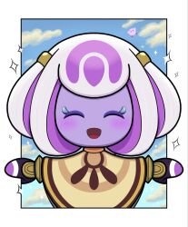  1girl ^_^ black_gloves blue_background blue_sky blush border closed_eyes colored_skin commentary_request day fingerless_gloves gloves hair_ornament happy highres kirby kirby_(series) kirby_and_the_world_beyond multicolored_hair mysterious_girl_(kirby_and_the_world_beyond) open_mouth outdoors outside_border purple_hair purple_skin short_hair sidelocks sky smile solo_focus sparkle straight-on two-tone_hair umekan_irodori_22 upper_body white_border white_hair yellow_cloak 