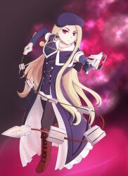  1girl asymmetrical_dual_wielding beret black_pantyhose blonde_hair boots brown_boots buttons coat commentary corecamilox4 double-breasted dual_wielding earrings eiyuu_densetsu elbow_gloves english_commentary frilled_coat frills gloves gold_earrings gun handgun hat highres holding holding_gun holding_weapon holding_whip hoop_earrings jewelry knee_boots lace-up_boots long_coat long_hair open_clothes open_coat pantyhose parted_bangs purple_coat purple_gloves purple_hat red_eyes sen_no_kiseki_(series) sleveless_coat solo standing very_long_hair weapon whip whip_sword 