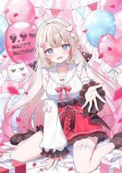  1girl :d ahoge balloon bed_sheet between_legs black_shoes blue_eyes bow box braid breasts brown_hair brown_socks commentary_request confetti detached_sleeves frilled_pillow frills gift gift_box hair_intakes hand_between_own_legs happy_birthday heart heart-shaped_pillow heart_balloon high-waist_skirt high_heels highres kokone_muiru long_hair long_sleeves mauve medium_breasts multicolored_hair official_art pennant pillow pink_hair polka_dot polka_dot_socks puffy_long_sleeves puffy_sleeves red_bow red_skirt sailor_collar second-party_source shirt shoes sitting skirt sleeveless sleeveless_shirt sleeves_past_wrists smile socks solo streaked_hair string_of_flags veil_project very_long_hair virtual_youtuber wariza white_sailor_collar white_shirt white_sleeves 