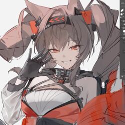  1girl angelina_(arknights) angelina_the_mellow_wish_(arknights) animal_ears arknights art_program_in_frame black_gloves black_hairband breasts brown_hair commentary criss-cross_straps detached_sleeves dress fox_ears fox_girl framed_breasts gloves grey_background hairband infection_monitor_(arknights) kesamandu long_hair looking_at_viewer medium_breasts official_alternate_costume parted_lips red_dress red_eyes see-through_clothes see-through_sleeves simple_background smile solo twintails unfinished upper_body waving white_mouth 