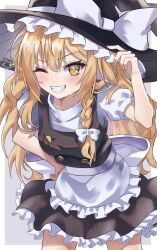  1girl absurdres apron back_bow black_hat black_skirt black_vest blonde_hair blush bow braid commentary_request frilled_skirt frills grin hair_between_eyes hair_bow hand_on_headwear hat hat_bow highres kirisame_marisa kohakureizi9v leaning_forward long_hair one_eye_closed puffy_short_sleeves puffy_sleeves short_sleeves side_braid single_braid skirt smile solo touhou vest waist_apron white_apron white_bow wink_star witch_hat yellow_eyes 