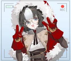  1girl :d aqua_eyes azur_lane battery_indicator black_hair black_ribbon black_sleeves blunt_bangs brown_corset capelet commentary_request corset eskimo_(azur_lane) fur-trimmed_capelet fur-trimmed_hood fur_trim glasses gloves gradient_eyes hood jacket medium_hair multicolored_eyes multicolored_gloves multicolored_hair oxiete recording red_capelet red_eyes red_gloves red_jacket ribbon round_eyewear shirt smile solo two-tone_gloves two-tone_hair upper_body white_background white_hair white_shirt yellow-framed_eyewear yellow_gloves 