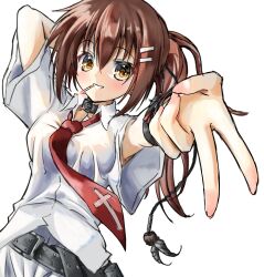  1girl arm_behind_head belt_collar black_choker blurry brown_eyes brown_hair choker cigarette collar commentary_request cross cross_print depth_of_field fehriidayo hair_between_eyes hair_ornament hairclip highres kita_high_school_uniform_(subarashiki_hibi) long_hair looking_at_viewer minakami_yuki necktie parallel_hairclips print_necktie red_necktie shirt simple_background smile smoking solo subarashiki_hibi v white_background white_shirt 
