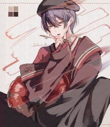 1boy aoyagi_touya blue_hair eyes_visible_through_hair fingernails grey_eyes hair_between_eyes hand_on_own_chin hand_up hat highres holding inori_1637 long_sleeves looking_at_viewer male_focus mole mole_under_eye multicolored_hair nail_polish official_alternate_costume open_mouth project_sekai short_hair solo split-color_hair take_the_best_shot!_(project_sekai) two-tone_hair 