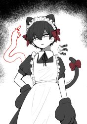  1boy absurdres alternate_eye_color animal_ears bar_censor black_hair bow cat_boy cat_ears cat_tail censored closed_mouth colored_skin commentary crossdressing crossdressing_(mtf) double-parted_bangs enmaided hair_between_eyes highres kemonomimi_mode looking_at_viewer maid male_focus male_maid middle_finger omori omori_(omori) puffy_short_sleeves puffy_sleeves rami_1300 red_bow short_hair short_sleeves solo tail tail_bow tail_ornament untranslatable_commentary white_eyes white_skin 