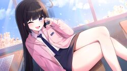  1girl absurdres ahoge black_hair character_name crossed_legs highres honeyz long_hair looking_at_viewer mang_nae_(vtuber) one_eye_closed open_mouth project_i school_uniform smile solo sudachi_jelly thighs violet_eyes 