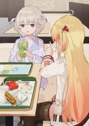  2girls absurdres blonde_hair brown_thighhighs commentary crumbs cup disposable_cup drinking_straw eating fast_food food french_fries gradient_hair highres holding holding_cup hololive hololive_dev_is indoors jacket long_hair long_sleeves looking_at_another multicolored_hair multiple_girls open_mouth orange_hair otonose_kanade otonose_kanade_(1st_costume) piano_print purple_hair restaurant short_hair sitting streaked_hair thigh-highs todoroki_hajime todoroki_hajime_(1st_costume) two_side_up untranslatable_commentary ure_58n violet_eyes virtual_youtuber white_jacket 