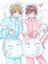  2boys absurdres animal_ears apron brown_hair carrot closed_mouth commentary drawn_ears ensemble_stars! grin hand_on_own_hip hand_on_own_neck hands_up heart highres jersey_maid long_sleeves looking_at_viewer maid maid_headdress male_focus morisawa_chiaki multiple_boys nervous_sweating notice_lines one_eye_closed polka_dot polka_dot_background rabbit_ears red_eyes short_hair smile sparkle star_(symbol) sweat takamine_midori unconventional_maid untranslatable_commentary v white_apron yiwu'erxi zipper_pull_tab 