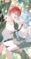  1boy 1girl absurdres akabane_karma ansatsu_kyoushitsu asha_zahard belt black_belt blue_hair collared_shirt commentary_request fangs grey_pants grey_skirt hair_ornament hairclip hand_on_another's_waist highres kunugigaoka_middle_school_uniform oc_x_canon octopus_hair_ornament open_mouth original pants parallel_hairclips red_hair school_uniform shirt skirt swinging_on_rope tongue tongue_out translation_request white_shirt yellow_eyes 
