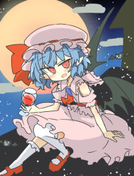  1girl ascot bat_(animal) bat_wings blue_hair blush commentary_request cup drinking_glass full_moon glass hat hat_ribbon holding holding_cup looking_at_viewer matsu_kitsune mob_cap moon night open_mouth pink_hat pink_shirt pink_skirt pointy_ears red_ascot red_eyes red_shoes remilia_scarlet ribbon shirt shoes skirt skirt_set smile solo thigh-highs touhou white_thighhighs wings 