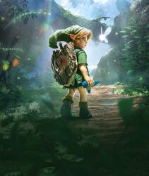  1boy 1girl bare_legs bellflower belt blonde_hair blue_eyes boots branch dappled_sunlight deku_shield embroidery fairy fireflies flower flying forest grass green_hat green_tunic hat heel_up highres holding holding_instrument holding_ocarina insect_wings instrument kokiri kokiri_sword leaf light_rays link log looking_at_viewer looking_back master_sword nature navi ocarina official_art outdoors path phrygian_cap plant pointy_ears portrait rock shield shield_on_back short_hair sidelocks standing sunlight sword sword_on_back the_legend_of_zelda the_legend_of_zelda:_ocarina_of_time the_legend_of_zelda:_ocarina_of_time_(remake) triforce tunic weapon weapon_on_back wings wood_carving young_link 