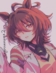  1girl agnes_tachyon_(tach-nology)_(umamusume) agnes_tachyon_(umamusume) agoumauma2 ahoge animal_ears brown_hair closed_mouth coat commentary_request earrings frown hair_between_eyes highres horse_ears horse_girl jewelry lab_coat long_sleeves necktie red_eyes shirt short_necktie solo sweater sweater_vest umamusume white_coat wolf_cut yellow_sweater yellow_sweater_vest 