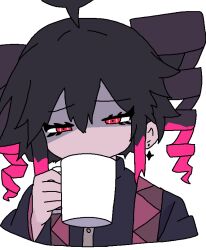 1girl black_hair black_shirt cup drinking drinking_cup earrings half-closed_eyes kasane_teto kasane_teto_(utau) kyuu_&amp;_ei_(utau) utau white_background white_cup