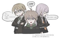  1girl 2boys ahoge belt black-framed_eyewear black_belt black_jacket black_pants black_ribbon black_skirt blazer blonde_hair blue_eyes blunt_bangs brown_eyes brown_hair collared_jacket collared_shirt commentary_request computer cropped_torso crossed_arms danganronpa:_trigger_happy_havoc danganronpa_(series) dot_nose dress_shirt expressionless frown furrowed_brow glasses gloom_(expression) green_jacket green_ribbon hair_between_eyes hair_ribbon hood hood_down hooded_jacket horrified jacket kirigiri_kyoko korean_commentary korean_text lapels laptop long_hair long_sidelocks long_sleeves looking_at_object multiple_boys naegi_makoto neck_ribbon necktie notched_lapels open_clothes open_jacket open_mouth orange_necktie pants purple_hair ribbon saman_zero7 shirt short_hair sidelocks simple_background skirt speech_bubble standing straight-on straight_hair suit_pants sweatdrop togami_byakuya translation_request very_long_hair white_background white_shirt zipper zipper_pull_tab 