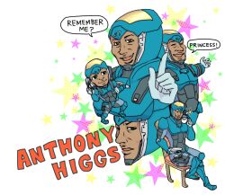  1boy anthony_higgs_(metroid) armor blue_armor brown_eyes chair character_name commentary_request cup dark-skinned_male dark_skin english_text gun holding holding_cup holding_saucer holster hrtiki meme metroid remember_me?_(meme) saucer sitting smile speech_bubble star_(symbol) thigh_holster weapon white_background 