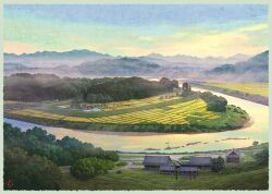  architecture blue_border blue_sky border commentary_request day east_asian_architecture fog from_above mountain mugumo_24k no_humans original outdoors rice_paddy river scenery sky train tree 