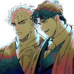  2boys alternate_costume closed_mouth coat collared_shirt commentary_request dio_brando ear_birthmark jojo_no_kimyou_na_bouken jonathan_joestar korean_commentary lemona633 looking_at_viewer looking_down male_focus multiple_boys muted_colors necktie open_mouth phantom_blood shirt short_hair simple_background suit upper_body vest white_background 