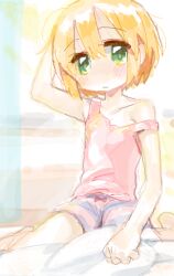  1girl alternate_costume barefoot blue_shorts bow casual closed_mouth collarbone commentary_request flat_chest hair_between_eyes looking_at_viewer medic_(sekaiju) medic_2_(sekaiju) messy_hair orange_hair pink_tank_top sekaiju_no_meikyuu sekaiju_no_meikyuu_1 short_hair shorts sitting solo strap_slip suno_(imydream) tank_top 