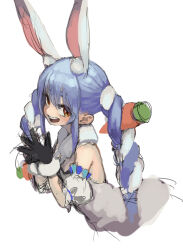  1girl animal_ear_fluff animal_ears bare_shoulders black_gloves blue_hair braid carrot_hair_ornament coat_dress commentary_request dress extra_ears food-themed_hair_ornament fur_trim gloves hair_ornament highres hololive jonpei long_hair looking_at_viewer multicolored_hair open_mouth rabbit_ears rabbit_girl simple_background sketch smile solo teeth thick_eyebrows twin_braids twintails two-tone_hair upper_teeth_only usada_pekora usada_pekora_(1st_costume) virtual_youtuber white_dress white_hair 