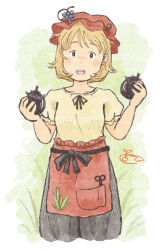  1girl :d aki_minoriko apron black_pants black_ribbon blonde_hair chii-kun_(seedyoulater) commentary_request cowboy_shot food fruit grape_hat_ornament hat holding holding_food holding_fruit looking_at_viewer mob_cap neck_ribbon open_mouth pants puffy_short_sleeves puffy_sleeves red_apron red_hat ribbon scissors shirt short_hair short_sleeves smile solo touhou waist_apron yellow_shirt 