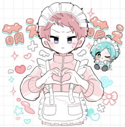  2boys ahoge apron blue_hair blush bow bright_pupils buckle chibi commentary_request dot_nose drawn_wings ensemble_stars! hands_up heart heart_hands highres itsuki_shu jersey_maid looking_at_viewer maid maid_headdress male_focus mani_(pukakaka09) multiple_boys nervous_sweating one_eye_closed open_mouth parted_bangs pink_hair shinkai_kanata short_bangs short_hair star_(symbol) sweat three-quarter_sleeves unconventional_maid violet_eyes white_apron white_pupils 