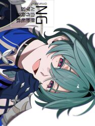  1boy aqua_gloves armor artist_name black_choker black_jacket blue_gloves blue_shirt choker collared_shirt commentary_request eyelashes fang genshin_impact gloves green_hair grey_eyes hair_between_eyes hand_on_own_face hand_up highres jacket jm9n81 lapels lohen_(genshin_impact) looking_at_viewer male_focus multicolored_eyes open_clothes open_jacket open_mouth pink_eyes shirt short_hair shoulder_armor simple_background skin_fang smile solo tongue two-sided_fabric two-sided_gloves two-sided_jacket upper_body watermark white_background white_jacket 
